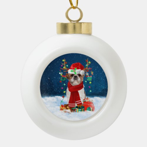 Shih Tzu dog with Christmas gifts Ceramic Ball Christmas Ornament