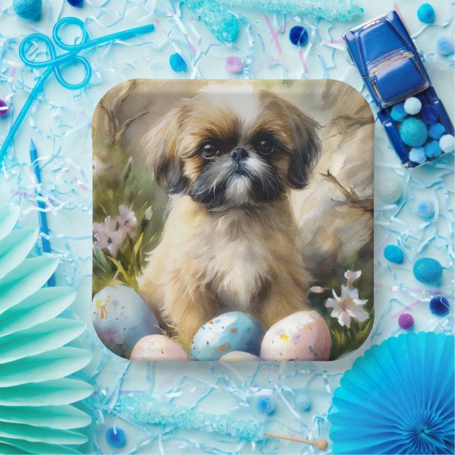 Shih Tzu Dog with Easter Eggs Holiday Paper Plates (Party)