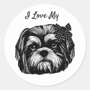 Shih Tzu dog with polka dot bow Original art Classic Round Sticker