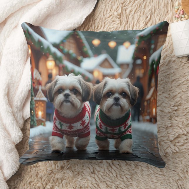 Shih Tzu Dogs Christmas Snow Holiday Throw Pillow (Blanket)