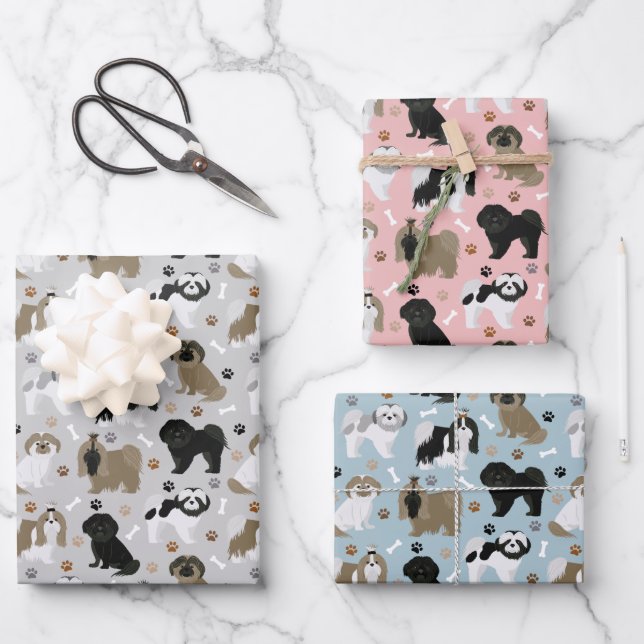 Shih Tzu Dogs Paws and Bones Wrapping Paper Sheets (Front)
