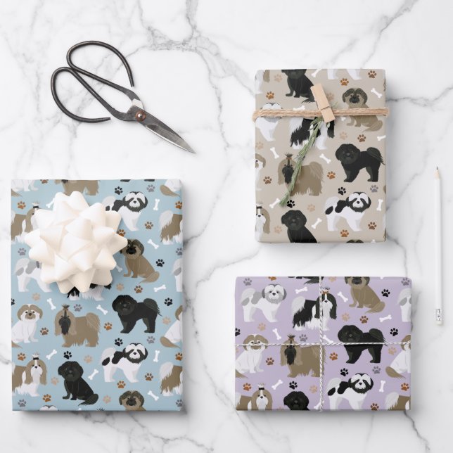 Shih Tzu Dogs Paws and Bones Wrapping Paper Sheets (Front)