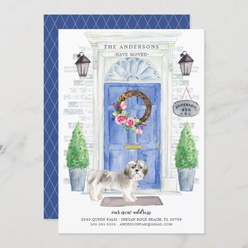 Shih tzu Front Door Moving Announcement - Announce your new address with our stylish announcement featuring a Shih tzu , blue front door, welcome mat, slate sign, topiaries and a floral wreath set on a gray brick background.