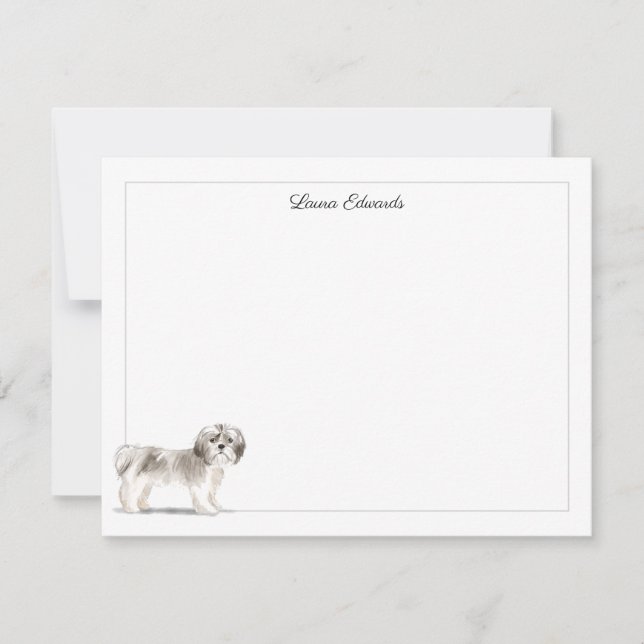 Shih Tzu Gray Border Personalized Note Card (Front)