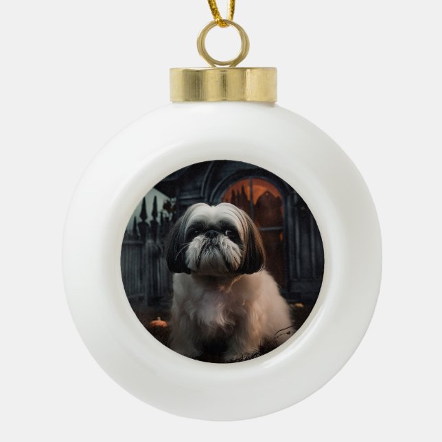 Shih Tzu Halloween Scary Ceramic Ball Christmas Ornament (Front)