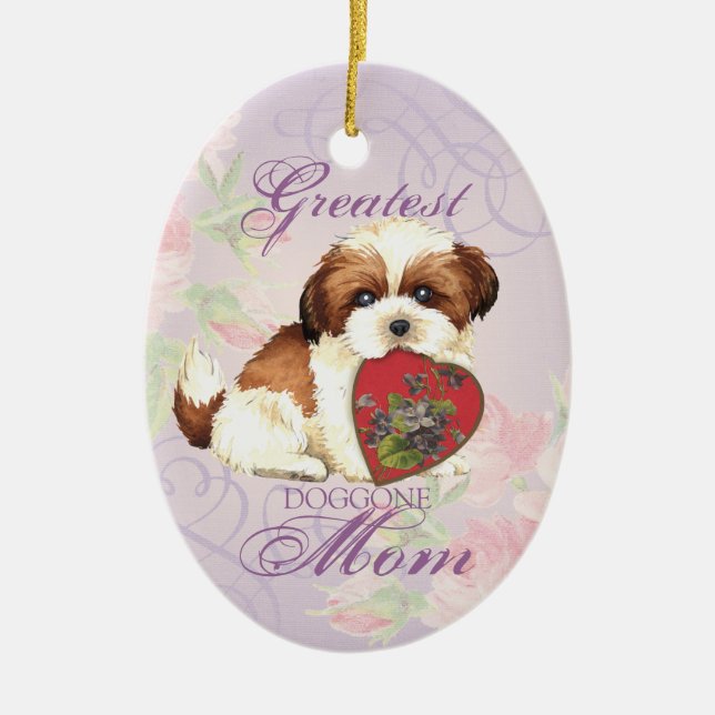 Shih Tzu Heart Mom Ceramic Ornament (Front)