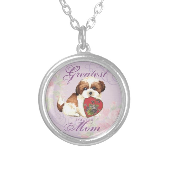 Shih Tzu Heart Mom Silver Plated Necklace (Front)