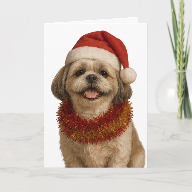 Shih Tzu in a Santa hat Christmas card (Front)