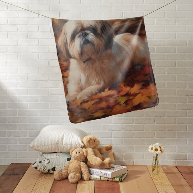 Shih Tzu in Autumn Leaves Fall Inspire Baby Blanket (In Situ)