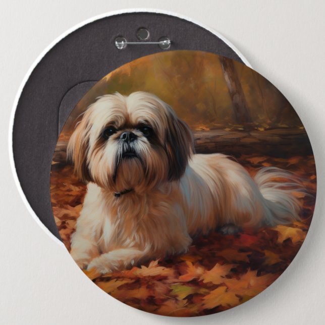 Shih Tzu in Autumn Leaves Fall Inspire Button (Front & Back)