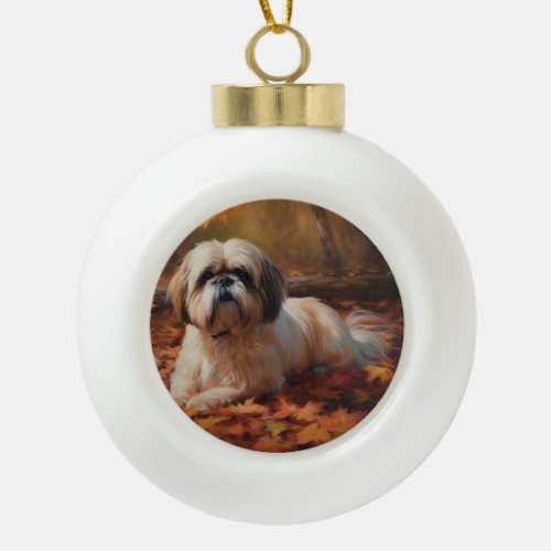 Shih Tzu in Autumn Leaves Fall Inspire Ceramic Ball Christmas Ornament