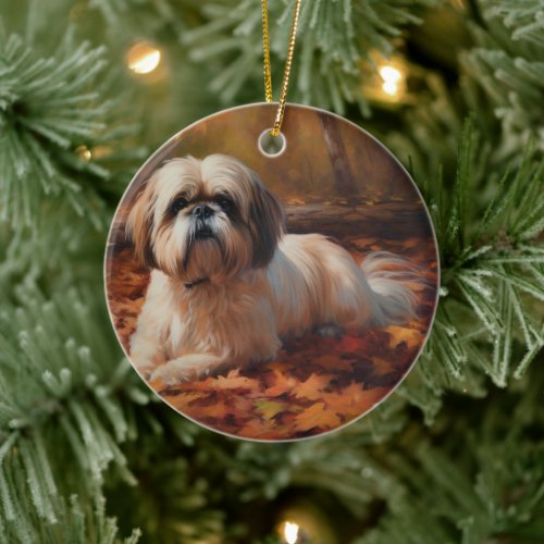 Shih Tzu in Autumn Leaves Fall Inspire Ceramic Ornament