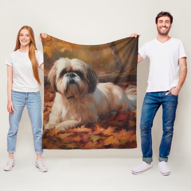 Shih Tzu in Autumn Leaves Fall Inspire Fleece Blanket (In Situ)