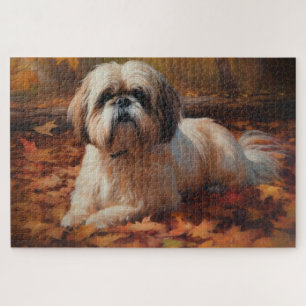 Shih Tzu in Autumn Leaves Fall Inspire Jigsaw Puzzle