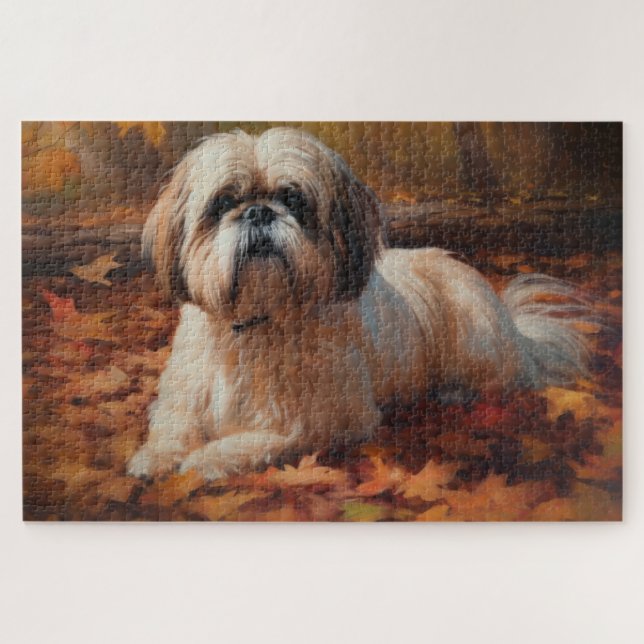 Shih Tzu in Autumn Leaves Fall Inspire Jigsaw Puzzle (Horizontal)