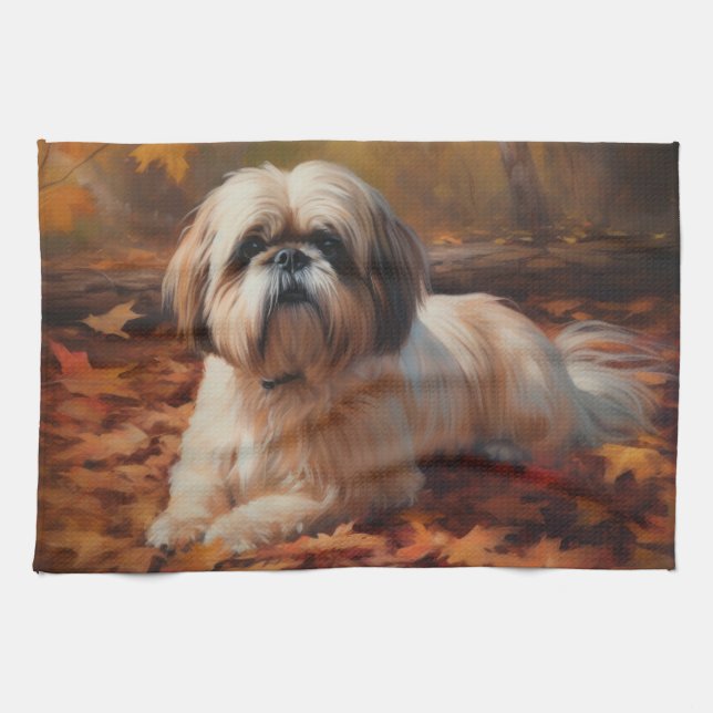 Shih Tzu in Autumn Leaves Fall Inspire Kitchen Towel (Horizontal)