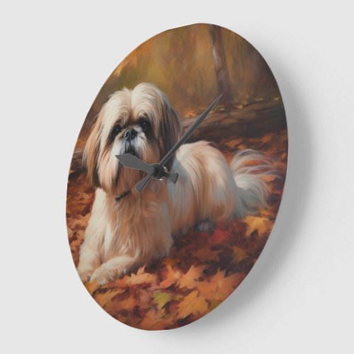 Shih Tzu in Autumn Leaves Fall Inspire Large Clock