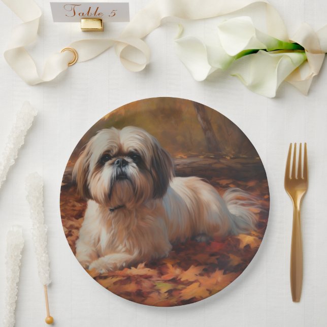 Shih Tzu in Autumn Leaves Fall Inspire Paper Plates (Wedding)