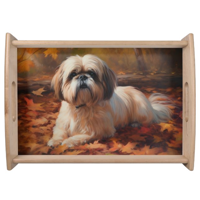 Shih Tzu in Autumn Leaves Fall Inspire Serving Tray (Front)
