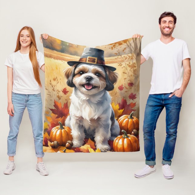 Shih Tzu In Autumn Leaves Thanksgiving Art  Fleece Blanket (In Situ)