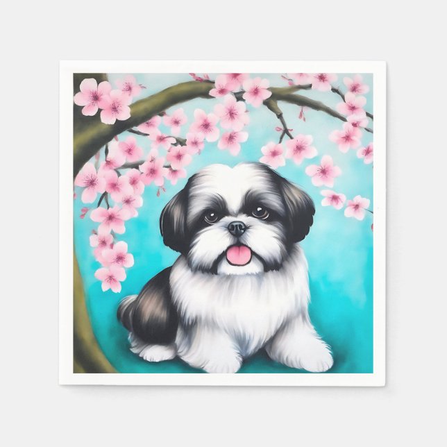 Shih Tzu in Oriental Cherry Blossom Napkins (Front)