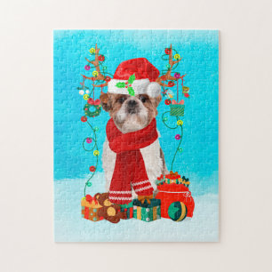 Shih Tzu in snow with Christmas gifts Jigsaw Puzzle