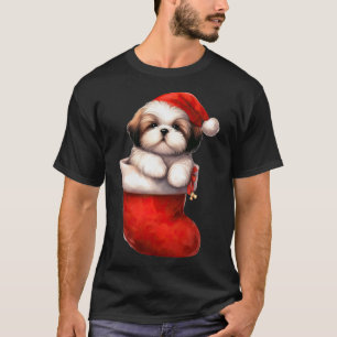 Shih Tzu In Sock Christmas Santa Hat Xmas Dog Love T-Shirt