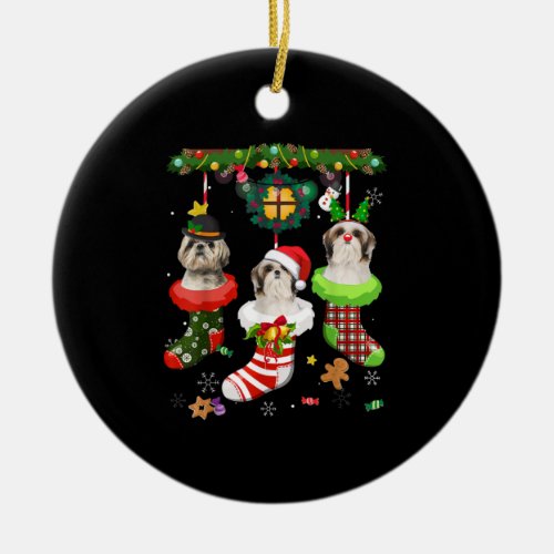 Shih Tzu In Socks Christmas Santa Hat Xmas Lights Ceramic Ornament