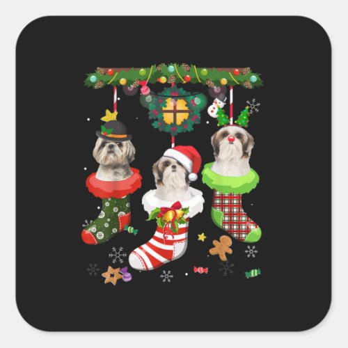 Shih Tzu In Socks Christmas Santa Hat Xmas Lights Square Sticker