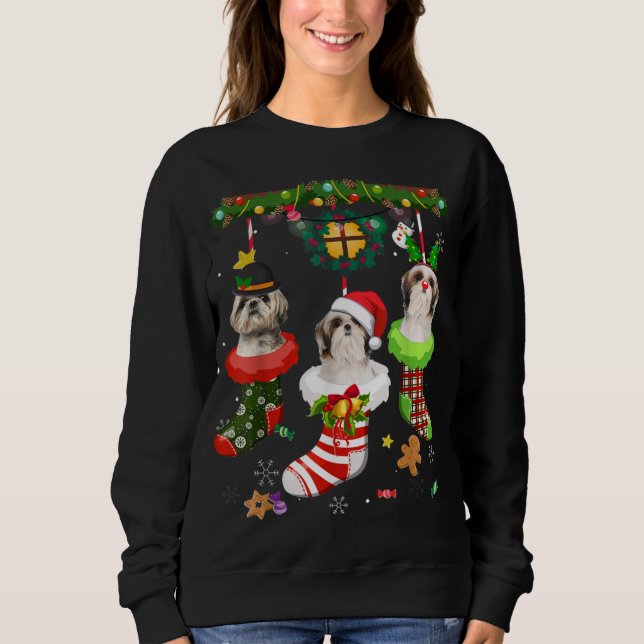 Shih Tzu In Socks Christmas Santa Hat Xmas Lights  Sweatshirt (Front)