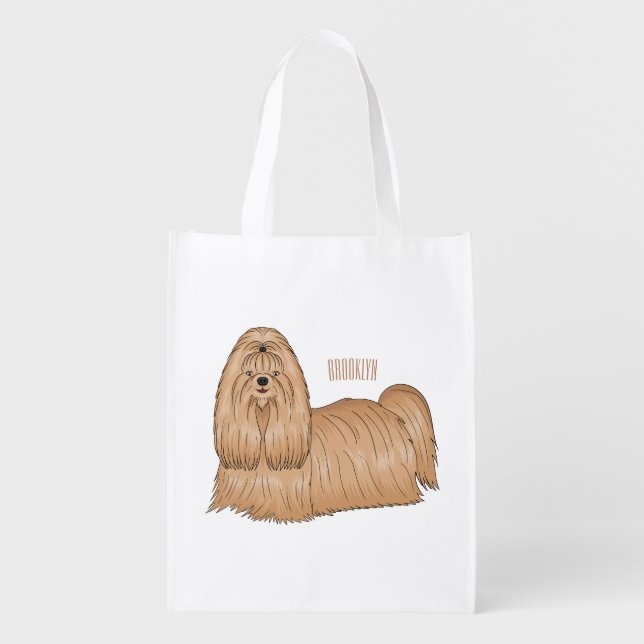 Shih tzu long hair dog cartoon illustration grocery bag (Front)