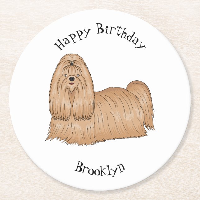 Shih tzu long hair dog cartoon illustration round paper coaster (Front)