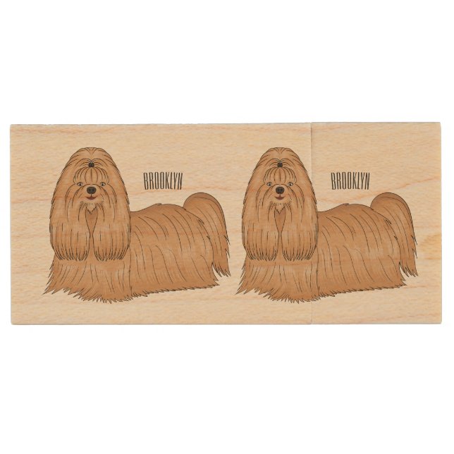 Shih tzu long hair dog cartoon illustration  wood flash drive (Front)
