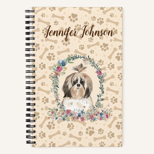 Shih Tzu Long Hair Dog Paw Print & Floral Cute Notebook (Front)