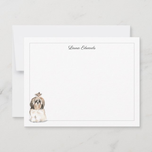 Shih Tzu Long Hair Gray Border Personalized Note Card (Front)