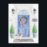 Shih tzu  Moving Announcement Postcard<br><div class="desc">Announce your new address with our stylish announcement featuring a Shih tzu ,  blue front door,  welcome mat,  slate sign,  topiaries and a floral wreath set on a gray brick background.</div>