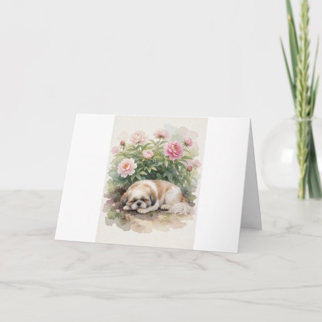 Shih Tzu Napping In The Peony Garden Corner Greeti Card
