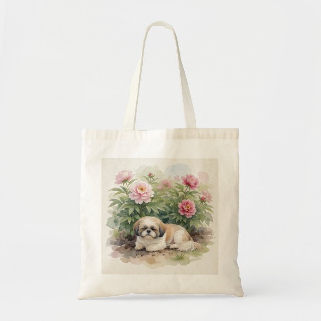 Shih Tzu Napping In The Peony Garden Corner Tote B Bag