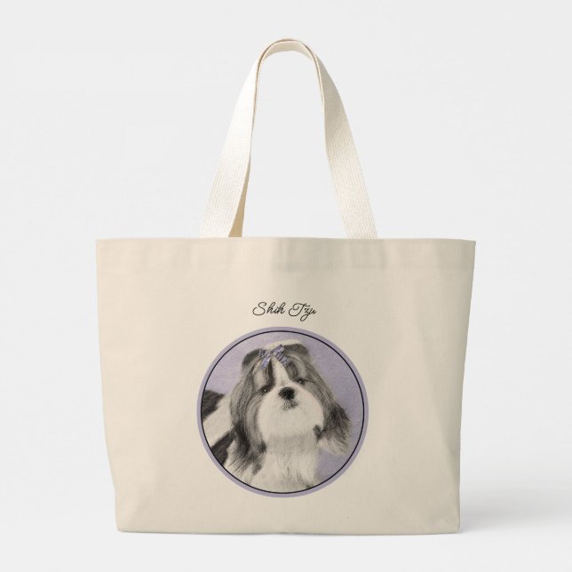 Shih Tzu Painting Black & White Original Dog Art Large Tote Bag (Back)