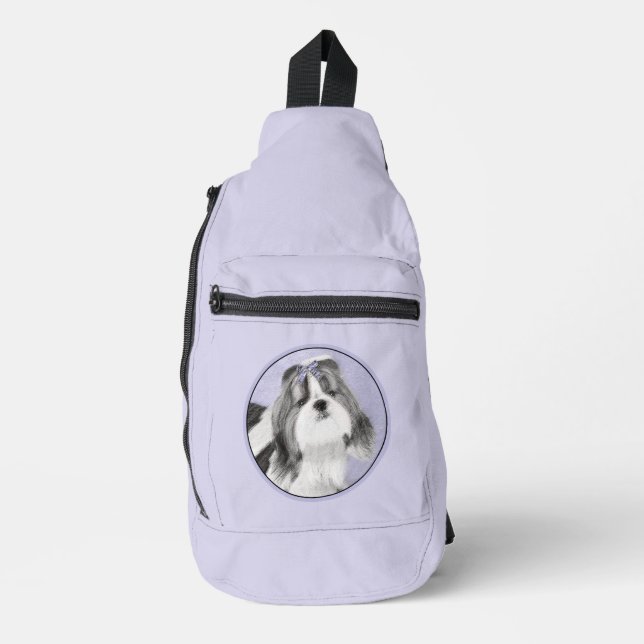 Shih Tzu Painting Black & White Original Dog Art Sling Bag (Front)