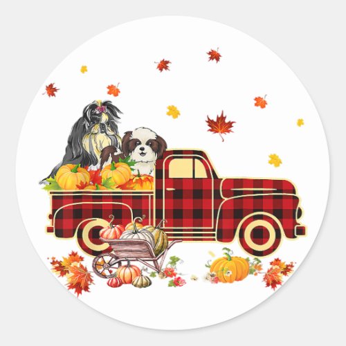 Shih Tzu Pumpkin Truck  Fall Leaf Thanksgiving Classic Round Sticker