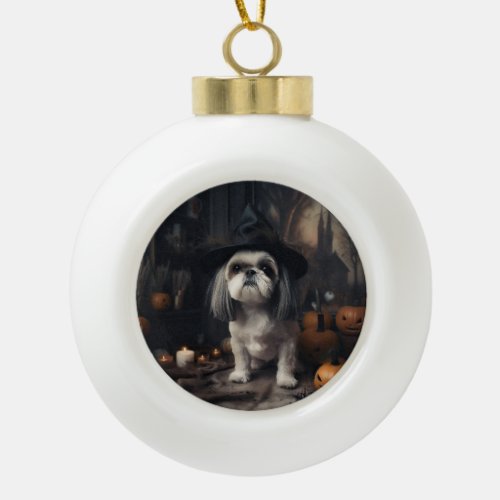 Shih Tzu Pumpkins Halloween Scary  Ceramic Ball Christmas Ornament