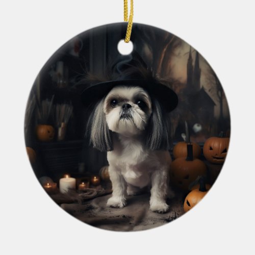 Shih Tzu Pumpkins Halloween Scary  Ceramic Ornament