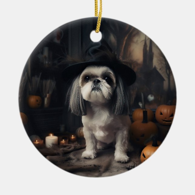 Shih Tzu Pumpkins Halloween Scary  Ceramic Ornament (Front)
