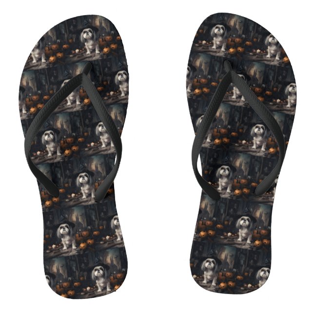 Shih Tzu Pumpkins Halloween Scary  Flip Flops (Footbed)