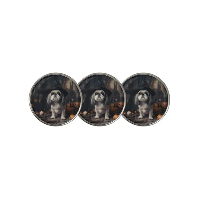 Shih Tzu Pumpkins Halloween Scary  Golf Ball Marker (3 Up)