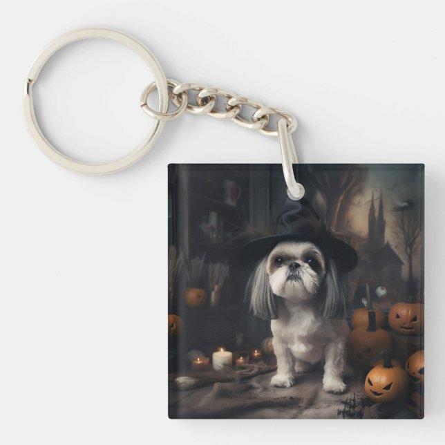 Shih Tzu Pumpkins Halloween Scary  Keychain (Front)