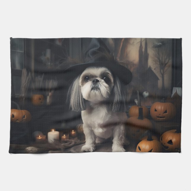 Shih Tzu Pumpkins Halloween Scary  Kitchen Towel (Horizontal)