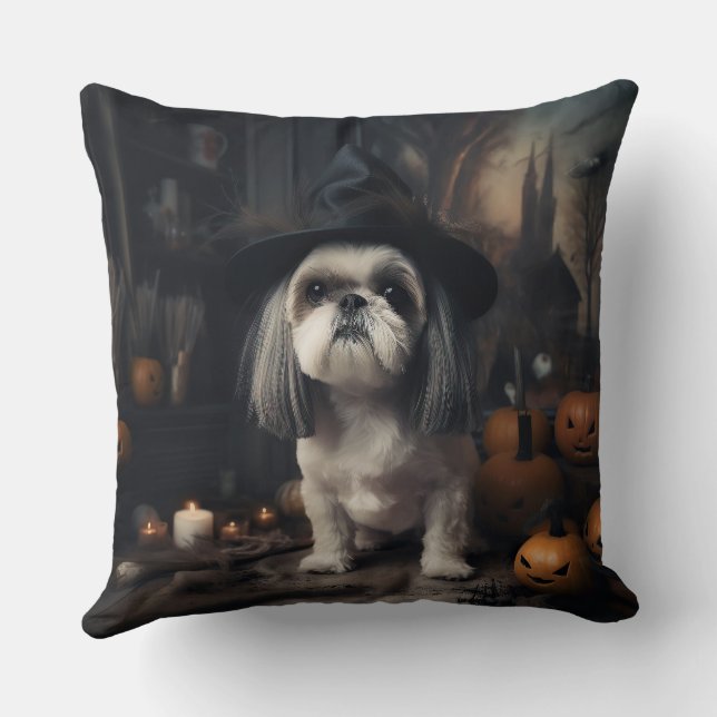 Shih Tzu Pumpkins Halloween Scary  Throw Pillow (Back)