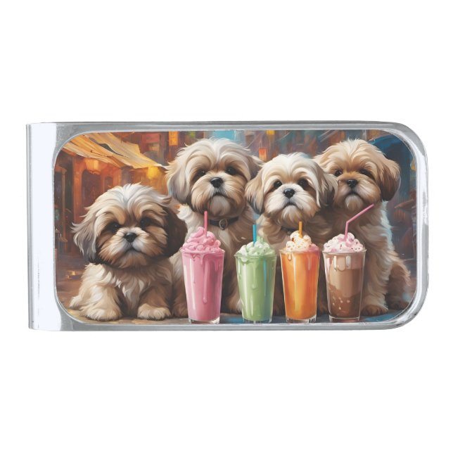 Shih Tzu Puppies and Milkshakes Silver Finish Money Clip (Front)